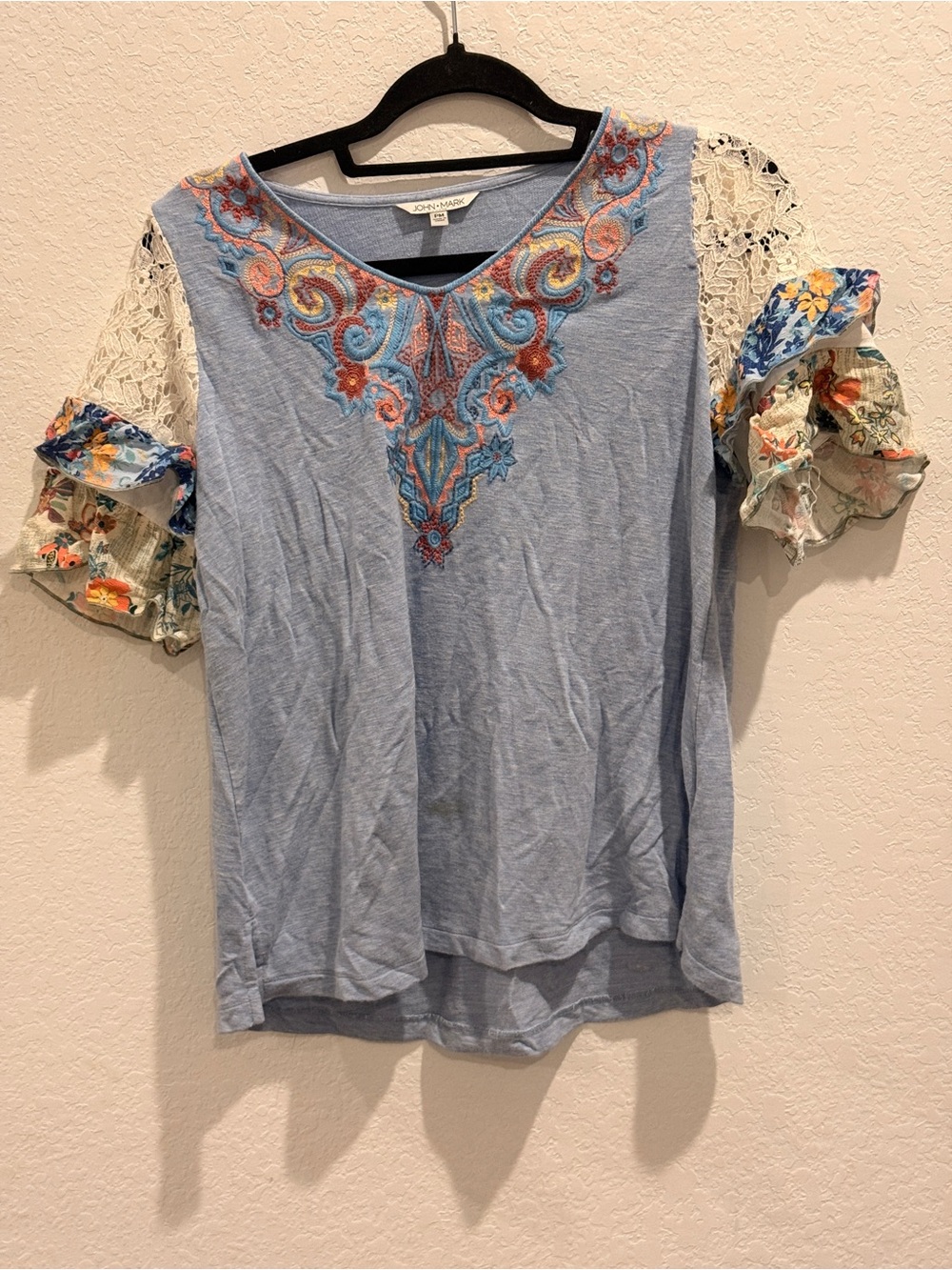 John Mark Light Blue Embroidered Neckline Mixed-Sleeve Top
